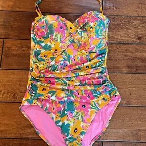 Anne Cole Convertible Strapless Ruched One Piece Sunshine Floral Swimsuit Sz 12